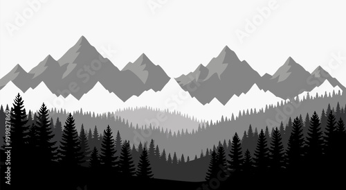 Serene Vector Illustration of Majestic Mountains with Dense Coniferous Forest and Rolling Hills at Sunset