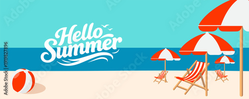 Summer time background with palm trees, Beach umbrella with chairs on the sand. summer sky Bokeh light of sky and sea.Tropical leaves .Summer greeting clipart poster set with tropical palm leaves.