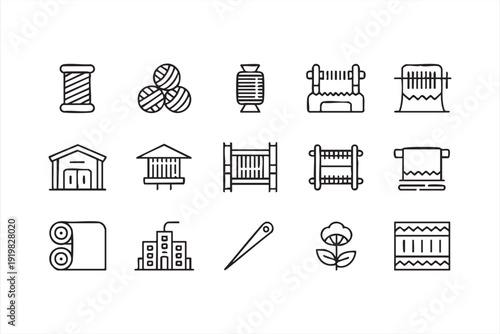 Textile and Weaving Line Icons with Yarn Loom and Sewing Symbols