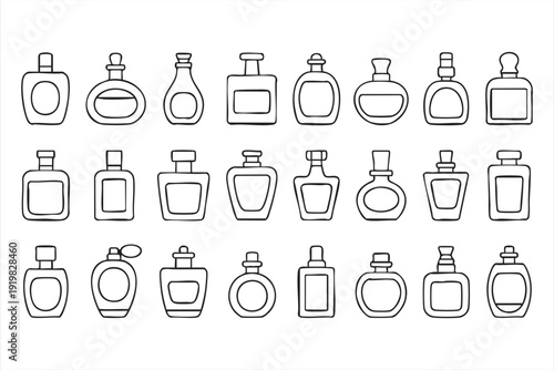 Perfume Bottle Line Icon Set with Fragrance and Cosmetic Packaging Symbols