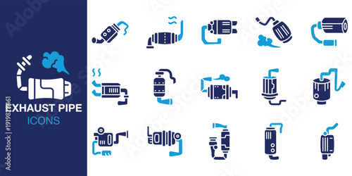 Exhaust Pipe icon set. Containing smoke, engine, automotive, vehicle, car, motorcycle and more. Solid vector icons collection. Vector illustration.