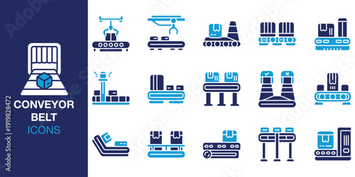 Conveyor Belt icon set. Containing industrial, factory, manufacturing, production, assembly and more. Solid vector icons collection. Vector illustration.