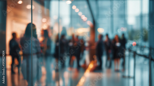 A blurry image of people queuing at a service counter inside a modern building, in a bank or government agency setting.