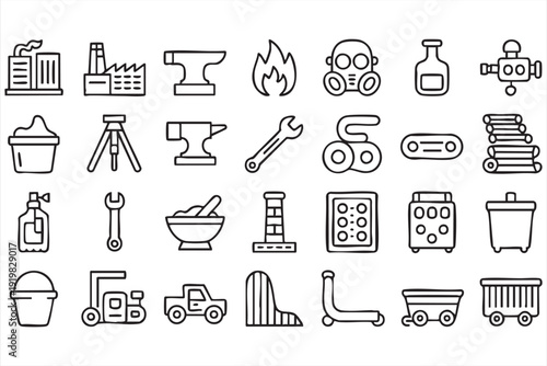 Industrial Factory Line Icon Set with Equipment Tools and Production Symbols