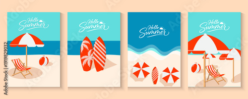 Summer time background with palm trees, Beach umbrella with chairs on the sand. summer sky Bokeh light of sky and sea.Tropical leaves .Summer greeting clipart poster set with tropical palm leaves.