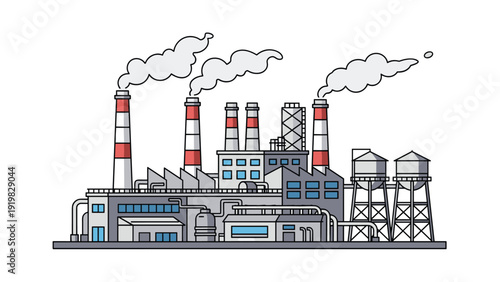 Industrial factory complex illustration with tall smoking chimneys, storage tanks, and various manufacturing buildings.
