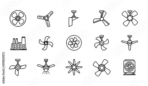 Thin Line Ceiling Fan Icon Pack Vector Set Featuring Blade Variations and Airflow Designs
