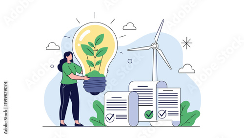 Eco friendly concept featuring a woman holding a large lightbulb with a plant inside near wind turbines and documents.