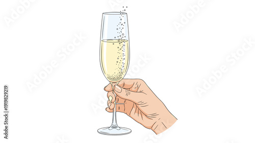 Close up of a human hand holding a tall glass of sparkling champagne with bubbles rising against a white background.