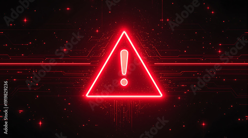 A striking red neon warning sign with an exclamation mark, set against a dark, tech-inspired background, signifies digital security threats, system alerts, or potential online danger.