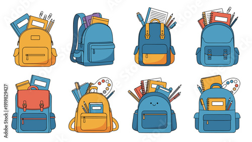 Collection of eight colorful school backpacks filled with various educational supplies like notebooks, pens, and paint.