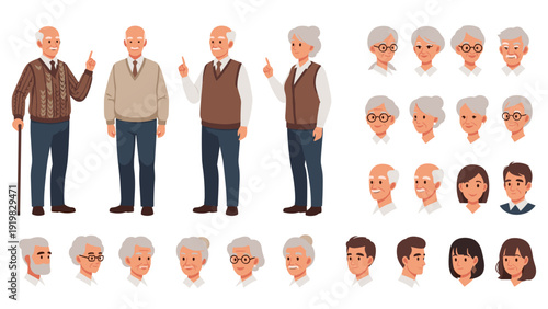 Comprehensive character design sheet for elderly men and women showing various outfits, poses, and facial expressions.