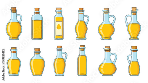 Set of twelve different glass bottles containing olive or vegetable oil with cork stoppers and various elegant shapes.