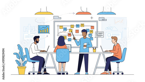 Team of creative professionals collaborating on a project using a whiteboard with colorful sticky notes and laptops.