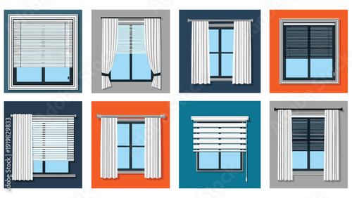 Diverse collection of eight modern and traditional window designs featuring different styles of curtains, blinds, and frames on colorful backgrounds.