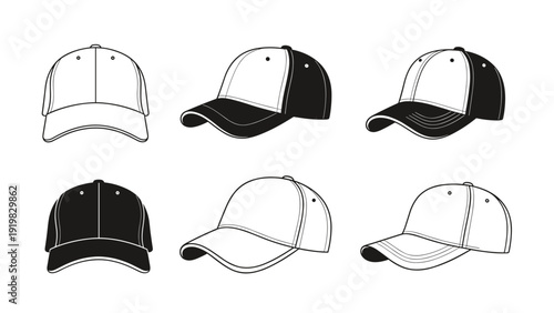 Selection of baseball cap designs shown from various angles and in different color combinations for apparel branding or sports team merchandise.