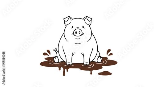 Simple black and white line drawing of a happy pig sitting contentedly in a dark mud puddle with cute splashes and a curly tail.