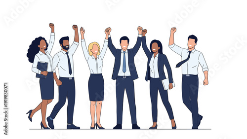Group of seven diverse professional business men and women standing together and cheering with their arms raised in celebration of success.
