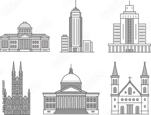 Architectural landmark outline icon set featuring courthouse, skyscraper, government building and cathedral, minimalist line art city architecture collection isolated on white background