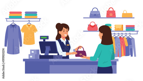 Friendly store clerk assisting a female customer at a clothing boutique checkout counter with handbags and apparel on display.