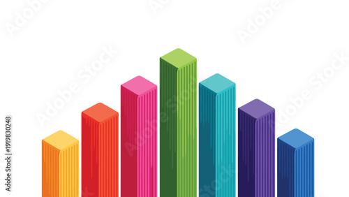 Colorful isometric 3D bar chart showing fluctuating data levels with bars in yellow, orange, red, pink, green, teal, purple, and blue.
