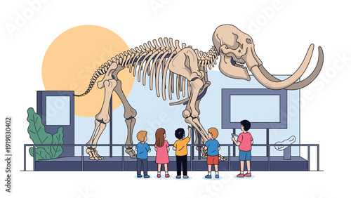 Educational museum scene showing a group of children admiring a massive woolly mammoth skeleton exhibit with display screens behind it.
