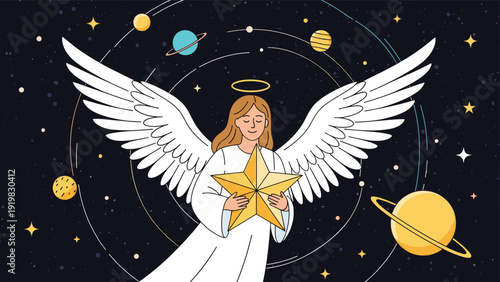 Divine angel with a golden halo holding a large shining star against a magical backdrop of planets and distant constellations.