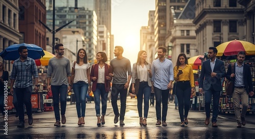 Group of diverse young professionals walk down a sunlit city street after rain