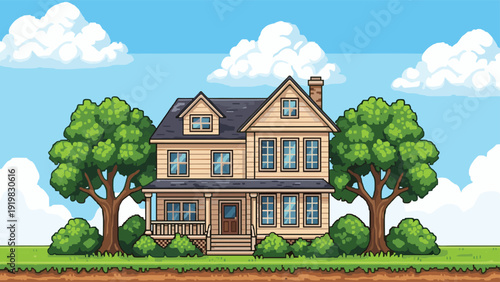 Nostalgic pixel art illustration of a large two-story suburban family home with a porch, surrounding trees, and bushes under a cloudy sky.