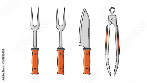 Collection of four essential BBQ grilling tools including two meat forks, a chef knife, and a pair of tongs with wooden handles.