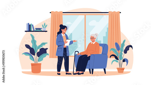 Female social worker taking notes while visiting an elderly woman at home to provide care and support services in the living room.