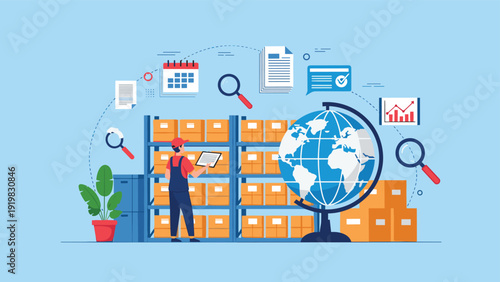 Global logistics and warehouse management concept with a worker checking inventory on shelves next to a world globe and search icons.
