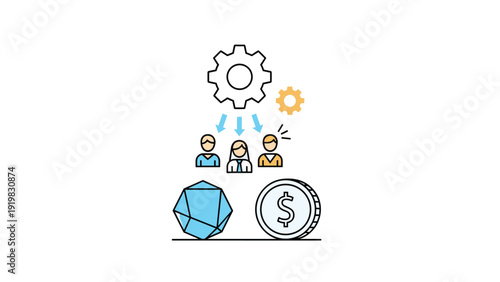 Business teamwork and resource management concept with gears connecting people and financial symbols for efficient collaboration.