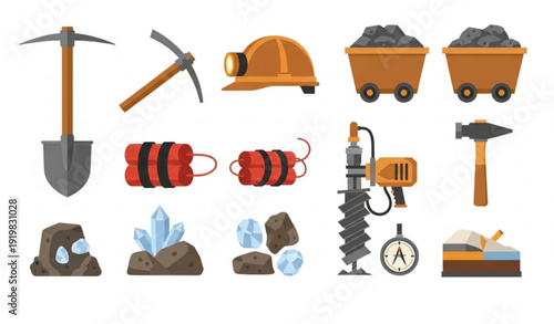 Mining Tools and Equipment Vector Set Geology and Ore Extraction Collection