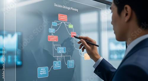 Decision tree diagram for scenario analysis strategic planning artificial intelligence machine learning algorithms business logic data visualization and predictive modeling flowchart layout