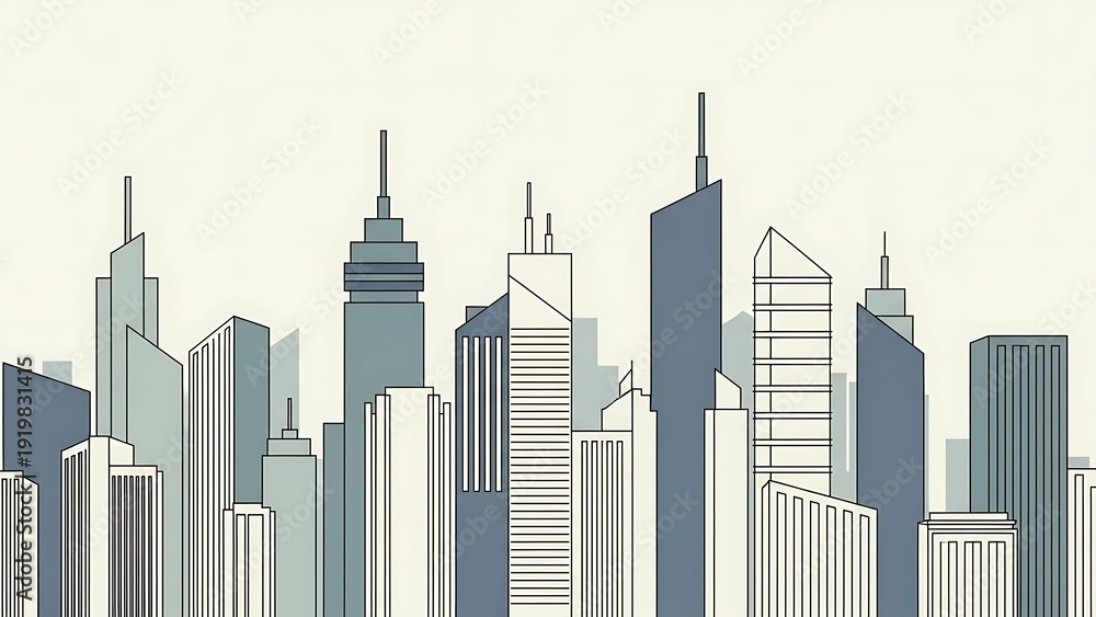 Fototapeta premium Stylized illustration of a modern city skyline with tall buildings and skyscrapers against a light background.