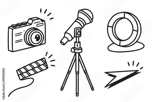 Illustration of various photography and film equipment on a white background