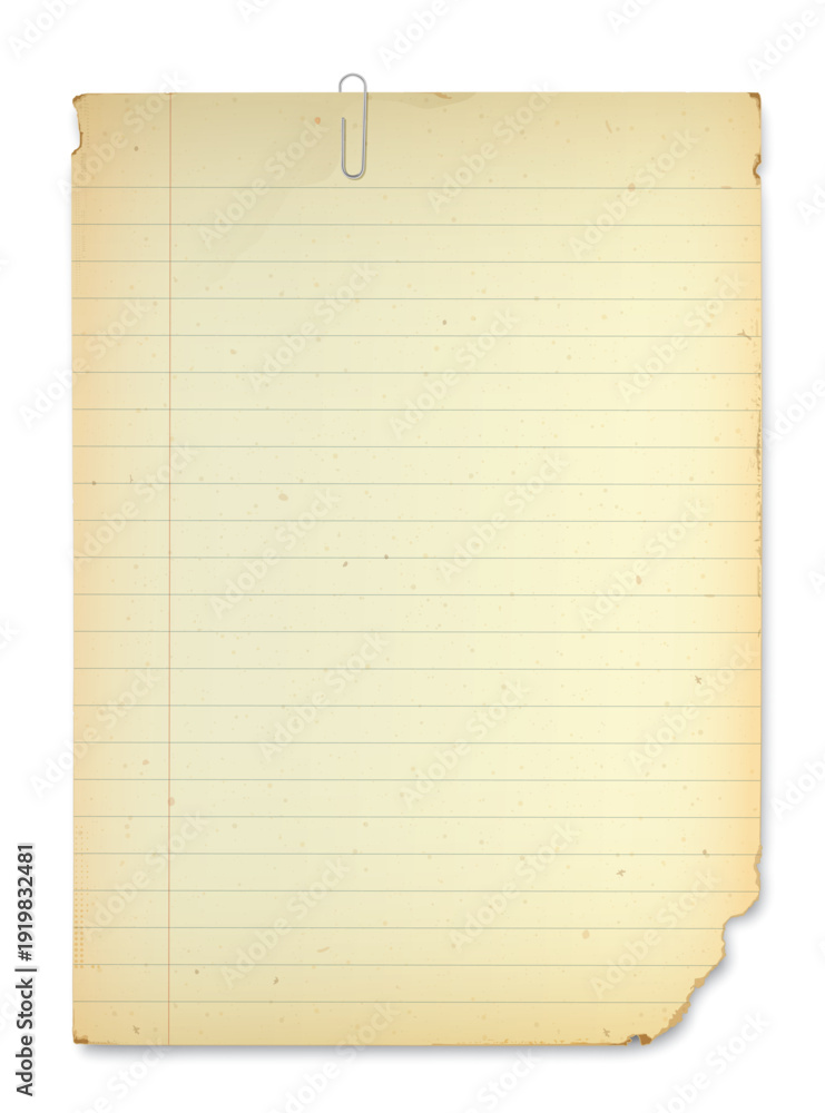 Obraz premium Vintage lined notepaper size A4 have stains effect with paper clip isolated