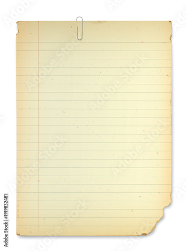 Vintage lined notepaper size A4 have stains effect with paper clip isolated