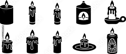 Ten black and white candle with flames and holders