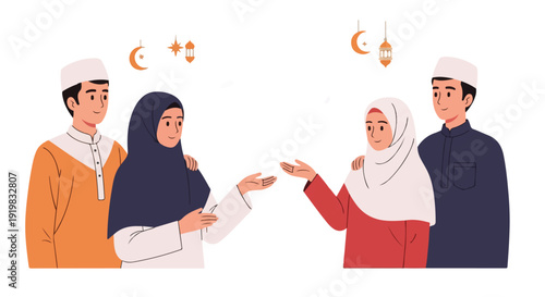 Muslim Couples Sharing Conversation and Welcoming Gestures