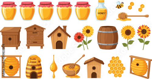 Honey and Beekeeping Vector Icon Set with Beehives, Honey Jars, Bees, Honeycomb, Flowers, and Apiary Equipment Illustrations