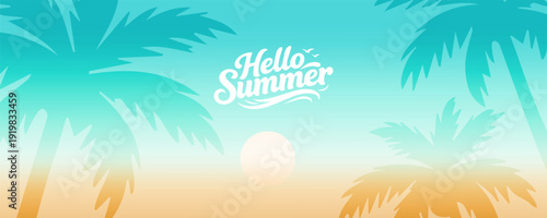 Summer time background with palm trees, Beach umbrella with chairs on the sand. summer sky Bokeh light of sky and sea.Tropical leaves .Summer greeting clipart poster set with tropical palm leaves.