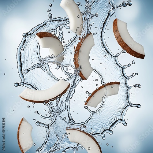 Slices of white fruit suspended midair within a dynamic water splash against a bright background