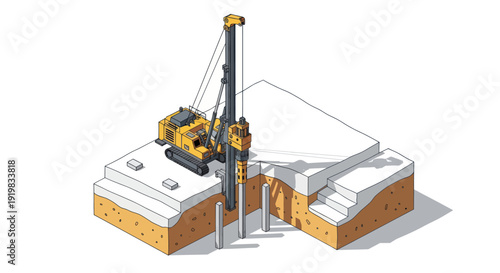 Isometric illustration of a drilling rig at a construction site.