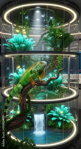 Vibrant green iguana resides within a futuristic, multi-tiered cylindrical glass habitat featuring lush foliage and a cascading waterfall