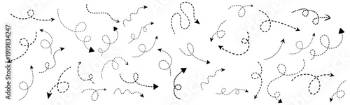 Black dotted broken arrows.  Hand drawn dash arrow collection. vector illustration
