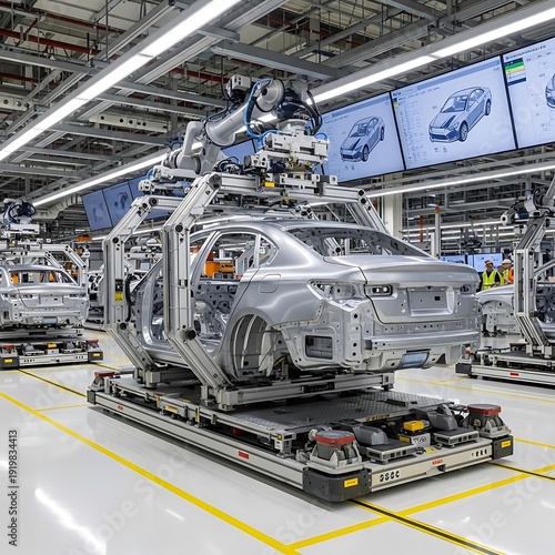 Automated assembly line utilizes robotic machinery for the construction of vehicle chassis