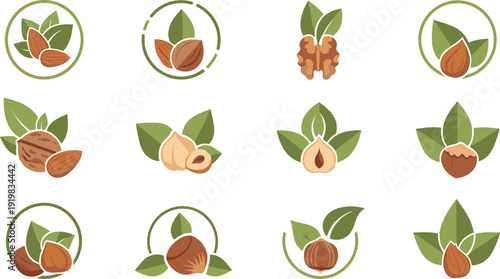 Nut and leaf icon collection with almond, hazelnut, and walnut symbols representing organic food, agriculture, and healthy natural products illustrated in flat vector style