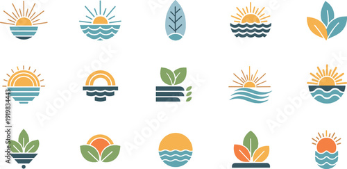 Nature and eco icon set with sun, waves, leaves, and landscape symbols representing sustainability, environment, and renewable energy illustrated in flat vector style